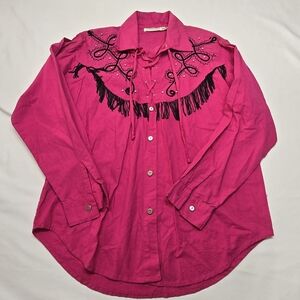 Vtg Shepler's Pink Button Up Western Shirt with Black Fringe And Silver Beads